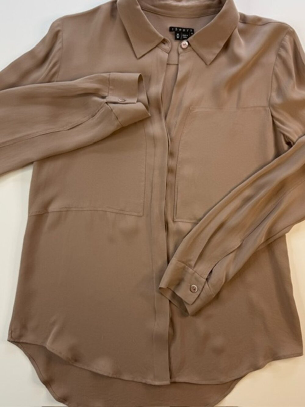 Theory Camel Tan Silk Long M Sleeve Button-Up Blouse Minimalist Quiet Luxury